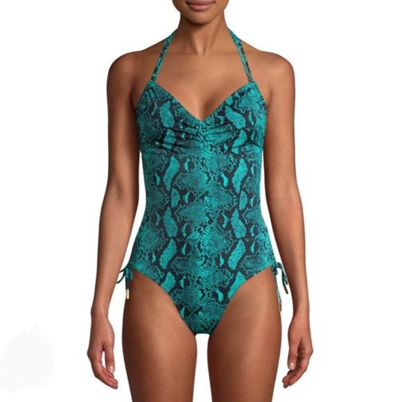 No Boundaries Other - No Boundaries Teal & Black Snake Print Cheeky High Leg One Piece Swimsuit